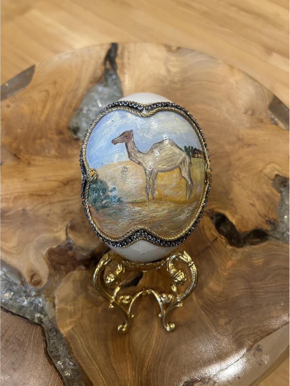 Vintage Decorative Hand-Painted Egg Trinket Box with Gold Stand